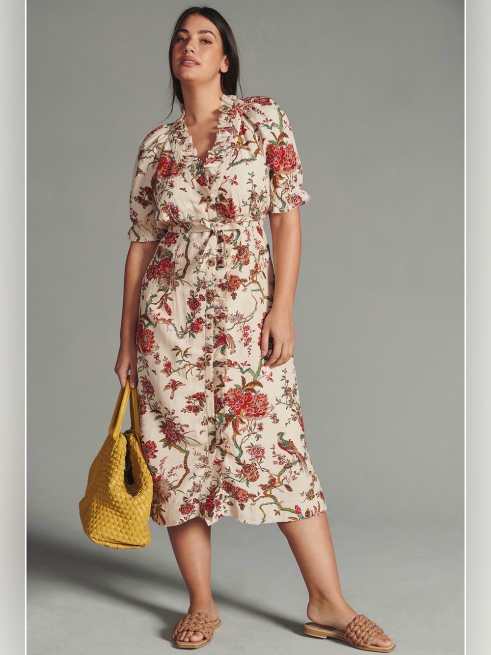 Anthropologie Pilcro Ruffle Collar Buttondown Dress 20W Floral Bird Print